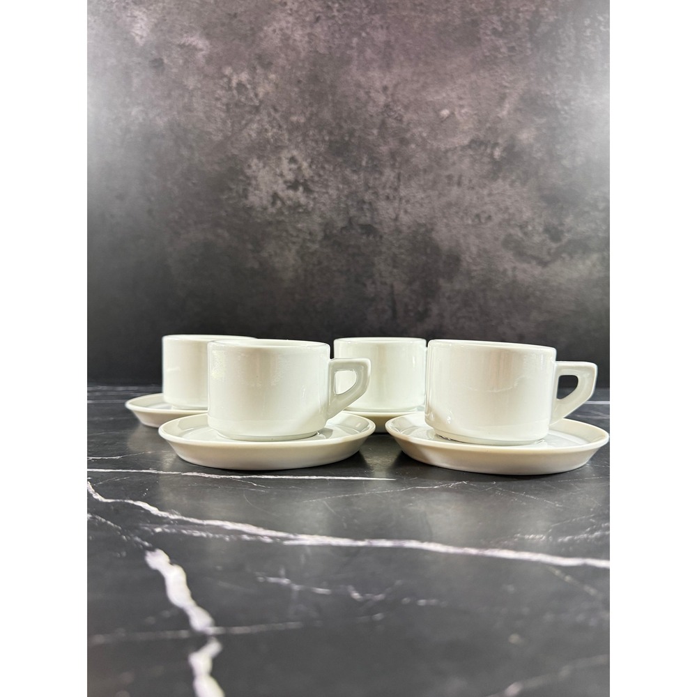 Vintage Set of 4 ACF Italy White Stoneware Stackable Demitasse Cups and Saucers